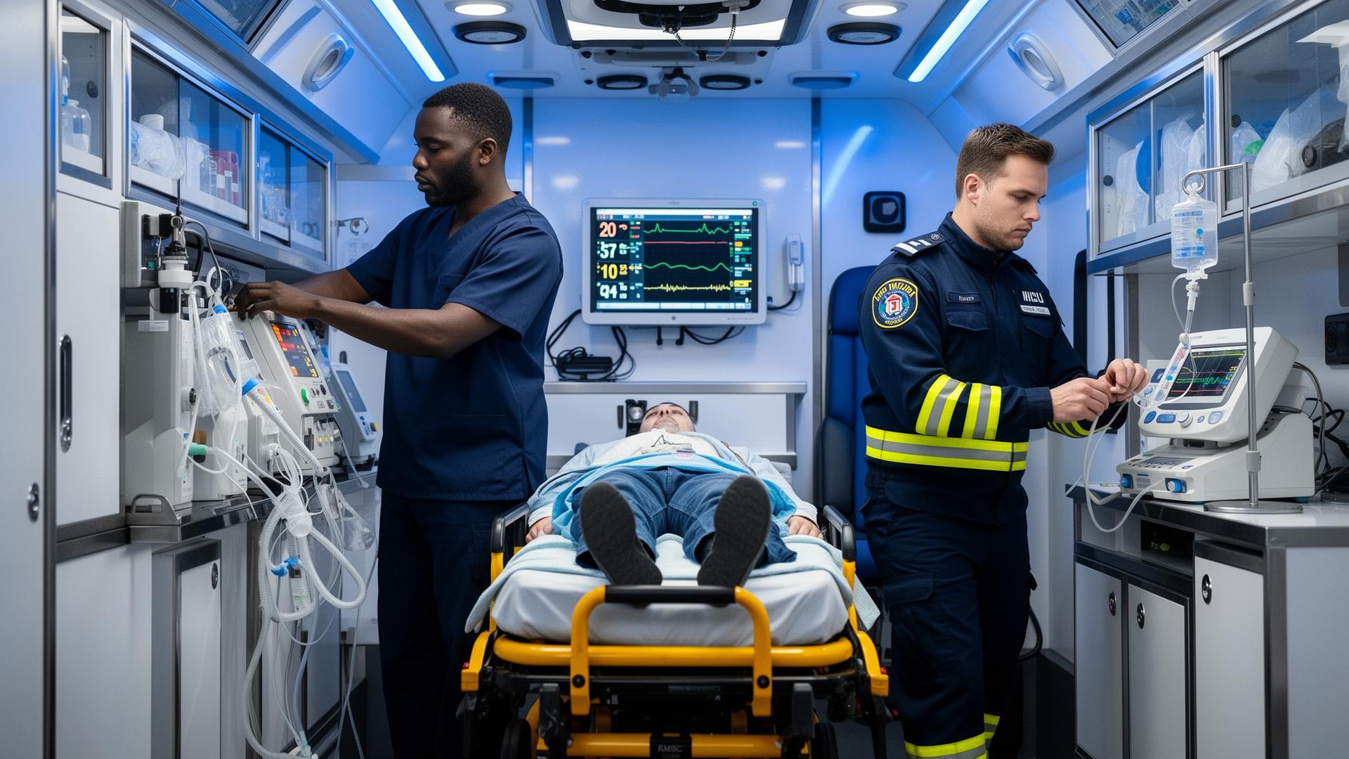 MICU ambulance interior with ventilator and cardiac monitoring