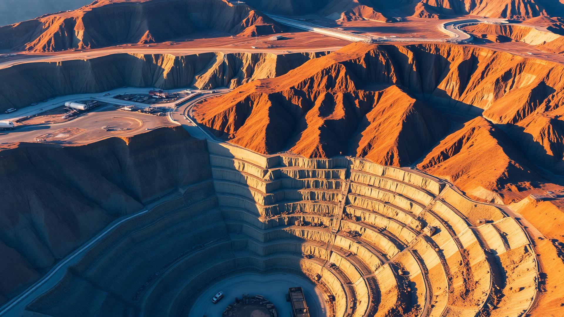 Aerial view of an open-pit mining operation at golden hour